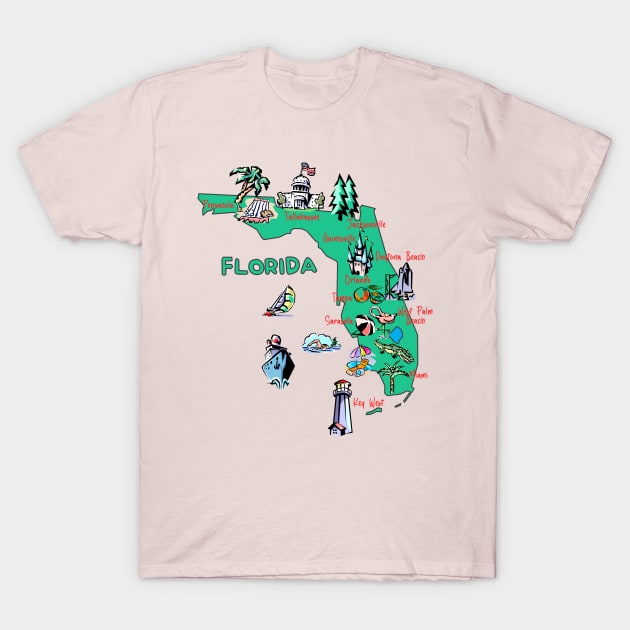 Hand Drawn Illustration of Florida Map with Tourist Destinations, USA T-Shirt by Mashmosh